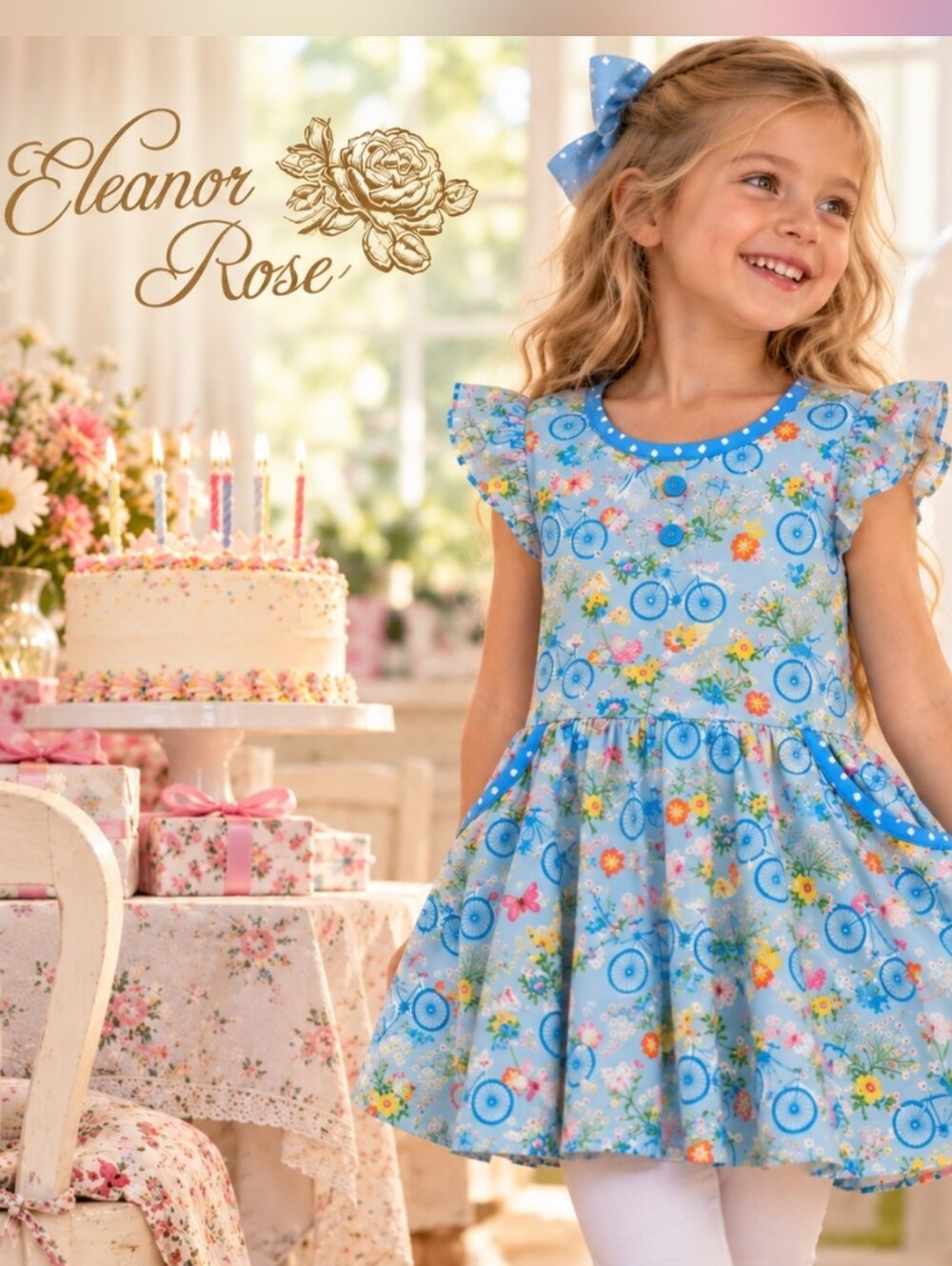 Eleanor Rose Girls Size 10 Blue Bicycle Floral Twirl Dress Pockets